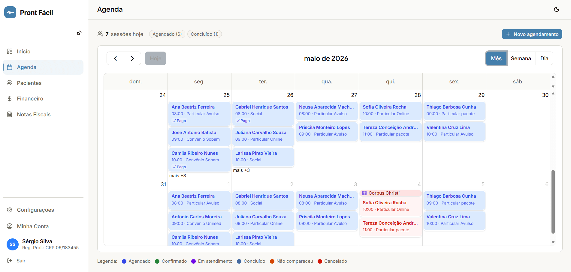 Agenda mensal com todos os atendimentos organizados