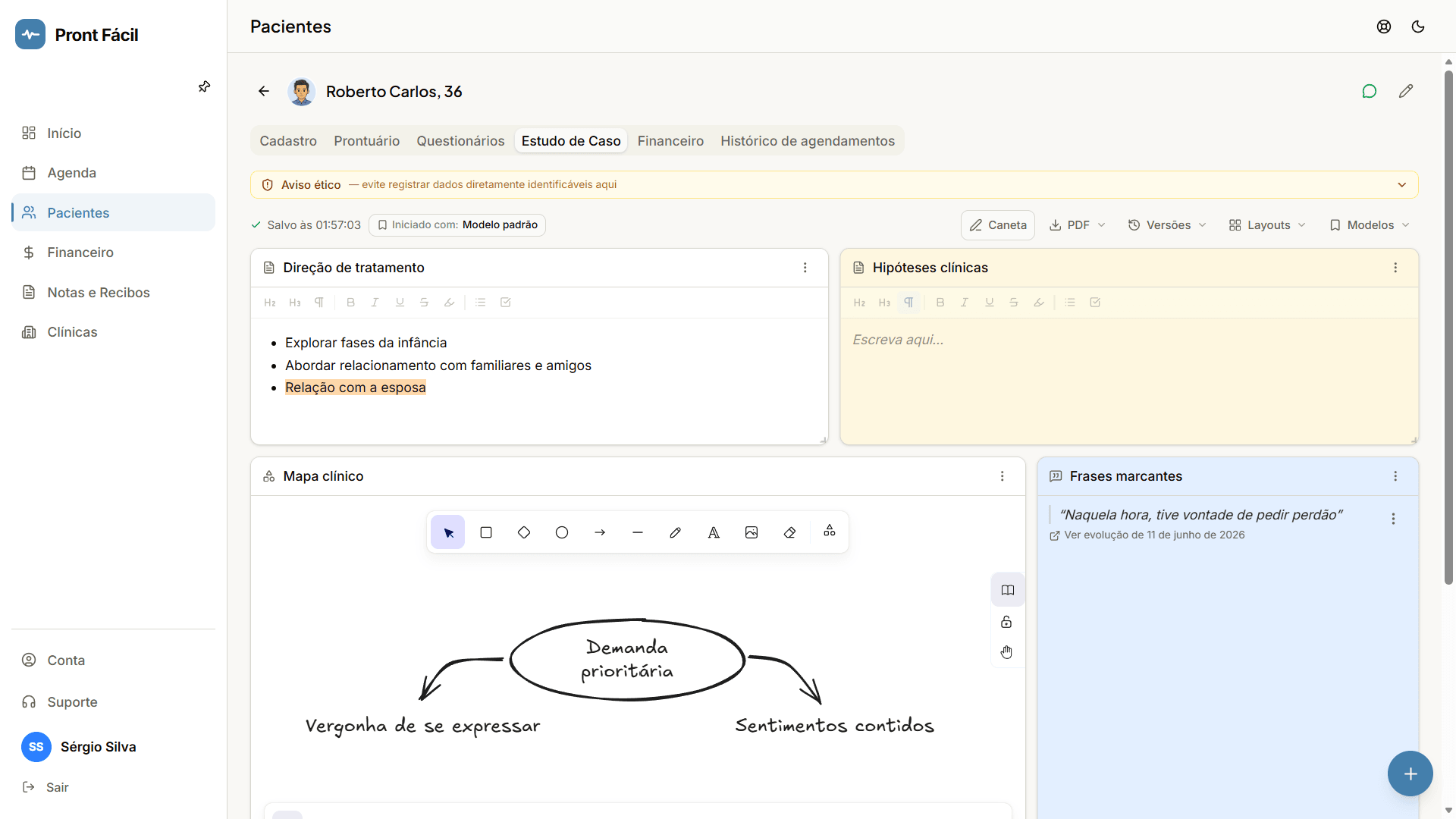 Aba Estudo de Caso com blocos de direção de tratamento, hipóteses clínicas, mapa clínico e frases marcantes