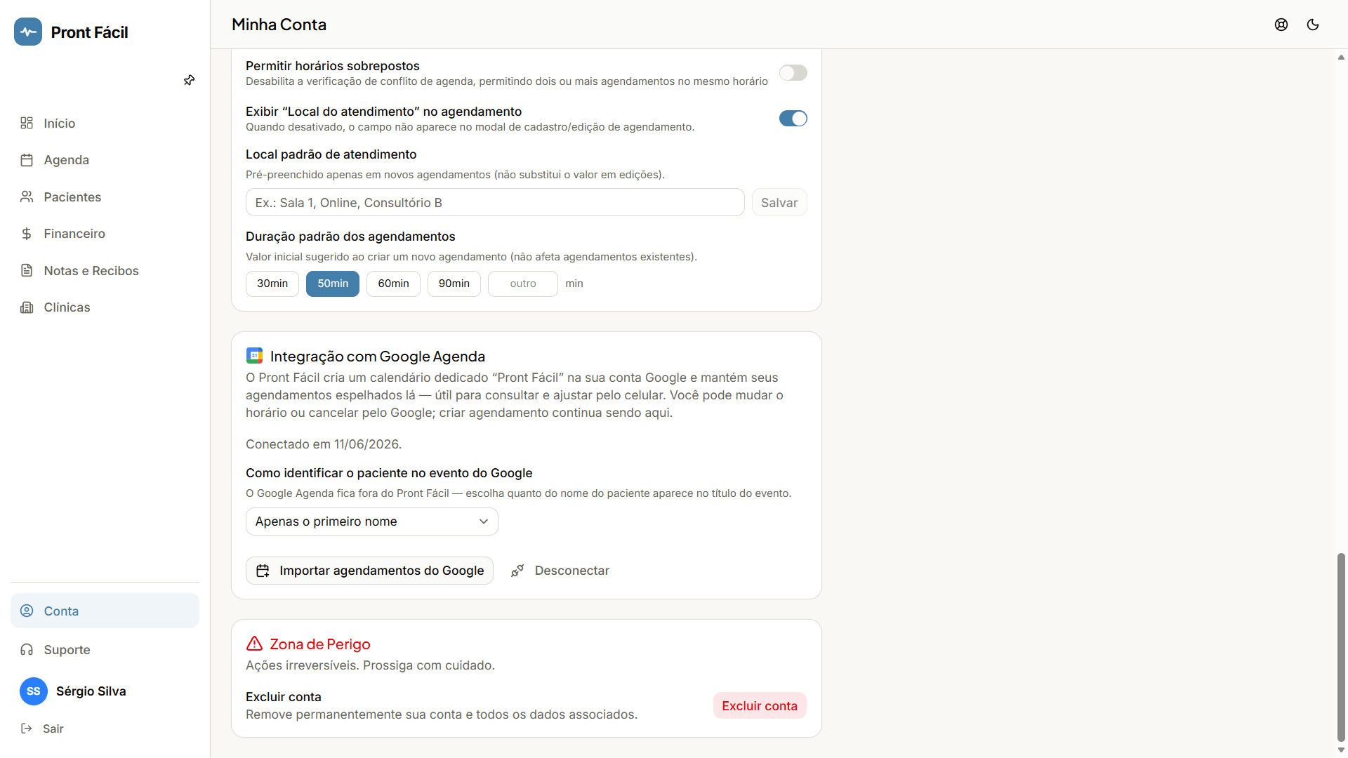 Configuração da integração com o Google Agenda, conectada e com importação de agendamentos