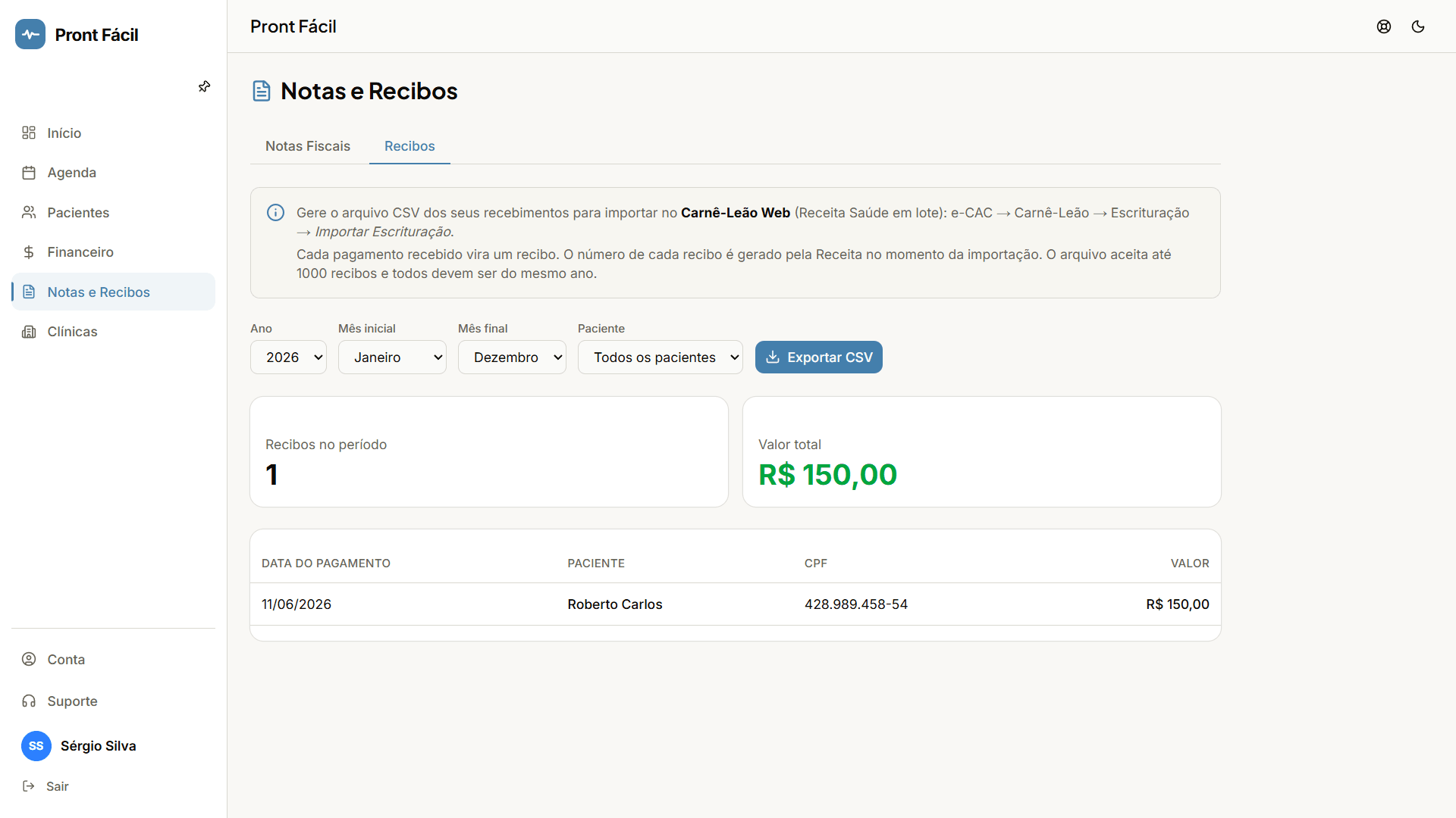 Tela de Notas Fiscais e Recibos com exportação CSV para o Carnê-Leão Web